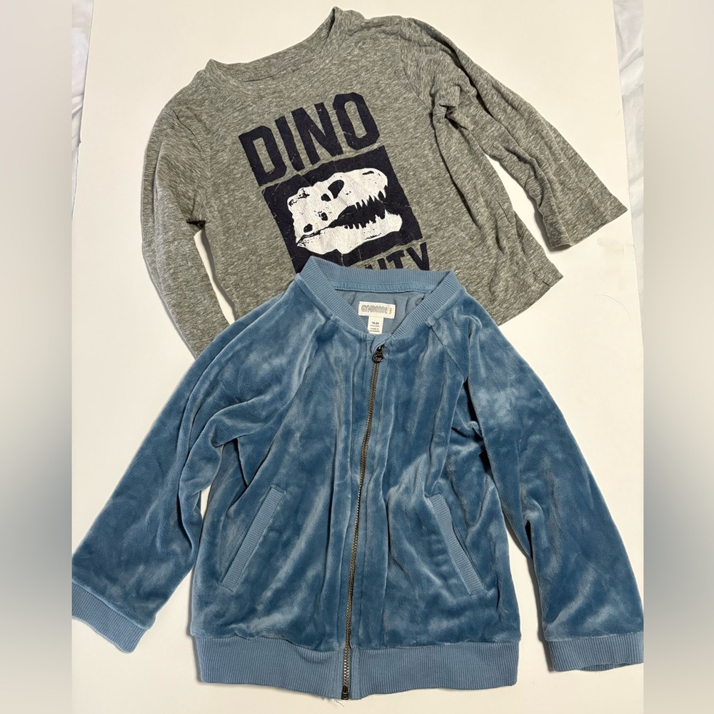 Gymboree blue velour zip up jacket & Dino long sleeve 18-24m